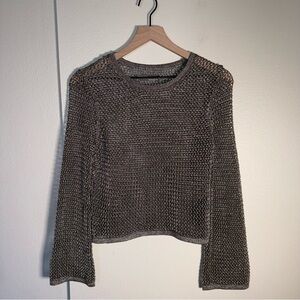 ANTHROPOLOGIE Metallic Bell Sleeve Open-Knit Festival party top XS
